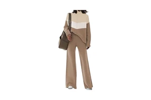 AOHITE Women's Casual 2-Piece Outfit Set Long Sleeve Knit Pullover Sweater Top Wide Leg Print Pants O-Neck Daily Style XL Winter
