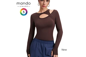 High Stretch Asymmetrical Cutout Neck Women's Sports T-Shirt Hollow Cross-Fashion Yoga Top Long Sleeves Thumb Holes