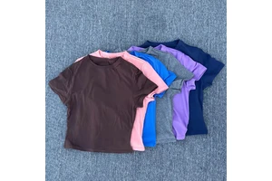 Women's Tight Sexy Naked Short Sleeve T-Shirt Outdoor Sports Shirts Stretch Skinny Training Fitness Yoga Top