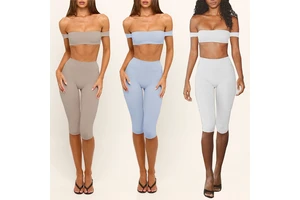 YIYI Wholesale 2pc Off-Shoulder Bandeau Yoga Set with Pad Women High Waist Quick Dry Capri Pants Yoga Set Fitness Yoga Outfit