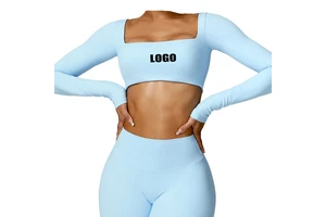 Long Sleeved Solid Square Collar Crop Top Women Winter Skinny Fit Yoga Gym Wear Breathable Spandex/Nylon Heat-Transfer Printed