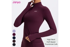 Janya Custom Logo Sportswear Women Thumb Holes Long Sleeves Yoga Shirts Slim Fit Half Zipper Stand Collar Breathable Sports Tops