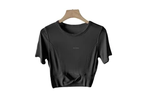 New Lulu Yoga Wear Women's Cotton Lulu T-shirt Ribbed Short Sleeve Breathable Tight Running Exercise Lulu Yoga Tops