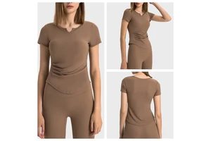YNSEA OEM Womens V Neck Short Sleeve Padding Side Pleated Tops Athletic Yoga Gym Pilate Dancing Slim Fit Quick Dry Shirt