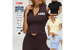 New Women's Short Sleeved High Stretch Quick Dry Shirt Female Stand Collar Half Zipper Tops Nude Solid Color Breathable Yoga Top