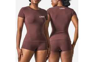 SK1219&SK1232-1 Solid Casual Cotton T-shirt And Above Knee Flat Bottom Knitted Boyshort Set Short Sleeve Fitted Top For Women