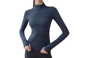 Navy Blue Long Sleeve Half Zip Yoga Top Women Mock Neck Slim Fit Workout High Elasticity Athletic Gym Wear Jackets