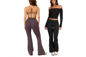Solid Long-Sleeve Yoga Wear Breathable Spandex/Nylon Large Scoop Neck Design Sexy Backless 2-Piece Set Running