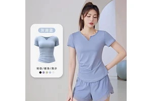 Women Yoga Short Sleeve Shirt V Neck Waist Pleated Quick Dry Fabric Gym Yoga Training Activewear Shirt