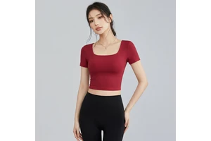 Women's Square Neck Cross Wrap Back Built-in Pads Slim Cropped Short Sleeve Soft Stretch Yoga Fitness Workout Sports Top