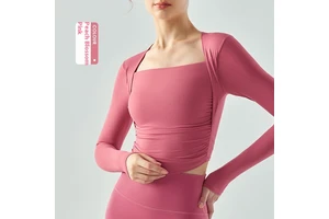 Women's High-Strength Slim-Fit Pleated Yoga Suit Long-Sleeved Top with Chest Pad Two-Piece Design Plus Size