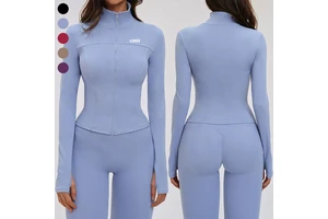 Women's Stand Collar Long Sleeve Compression Yoga Top Full Zip up Breathable 4-way Stretchy Workout Jacket with Thumb Holes