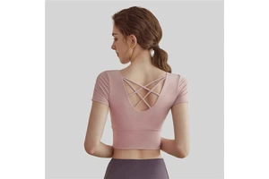 Hot Sale Yoga Wear Built-in Padded Short-sleeve for Quick Dry Crew Neck Solid Womens Sports Fitness Yoga Top