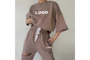 Manufacturers Women's Solid Casual Knitting Clothing Set Two-piece Crop Top T-shirt Pants Plus Size Regular Loungewear Hollow
