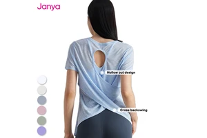 Summer New Hollow Out Cross Back Workout Tops Breathable Fitness Clothing Short Sleeve Yoga Tshirt Sports T Shirt for Women