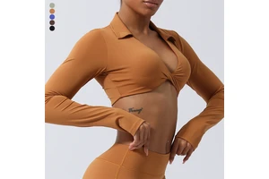 Naked Yoga Clothing Women Deep V Polo Neck Front Twist Sports Yoga Bra Long Sleeve Outdoor Running Fitness Top With Thumb Holes