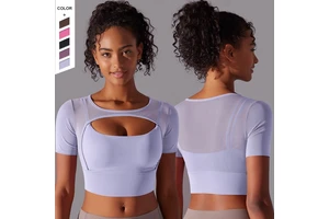 2024 New Solid Color Patchwork Mesh Double-Layer Short Sleeved Suspender Gathered Bra Running Fitness Yoga Suit Top for Women