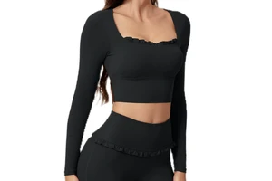 High Quality Black Yoga Bra Top with Long Sleeve Elastic Waist Fitness Gym Wear for Women Four-Way Stretch Plus Size Summer Sets