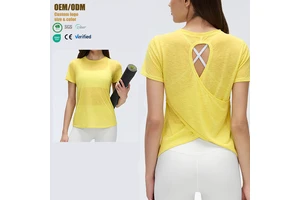 Women's Quick Dry Yoga Cover-Up Loose Fit Crew Neck Short Sleeve Top with Cut-Out Back Breathable Gym Tunic Yoga Top