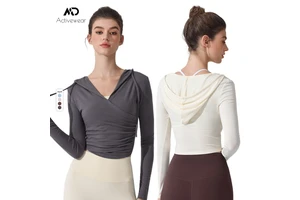 Fashion Women's Hooded Yoga Wear Long-sleeved Waist-cinching Slimming Running Sports Smock Breathable Pilates Fitness Top