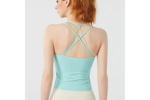 Women's Lightweight Breathable Yoga Sports Bra with Cross Strap Built-In Cups Front Logo-Summer Seamless Workout Vest