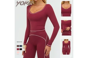 Yoke Autumn and Winter Yoga Long Sleeves Contrasting Colors Sandblasting Slimming Fashionable Outdoor Sports Long Sleeves