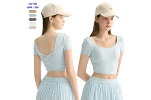 Women Yoga Top with Built in Bra Padded Short Sleeve T Shirt Mesh Back Workout Shirt Slim Fit Pilates Running Gym Activewear