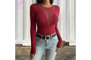 Loveda Wholesale Women Spring Solid Color Sexy Deep V See-through Stitching Long Sleeve T-Shirt