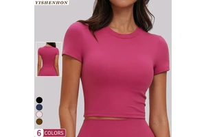 YSH Women's Plus Size Sports Running Top Solid Brushed Fitness Yoga T-Shirt Front Short Sleeved Tight Fitting Wholesale Clothes