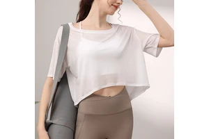 New Lightweight Breathable 100% Lyocell Short Sleeve Solid Simple Sports Top Womens Loose Slimming Fitness Running Cover-Up Yoga