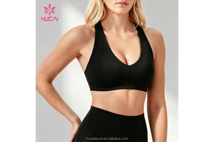 ODM HUCAI Custom Logo Quick Dry high impact Workout Fitness Crop Top Womens Wireless Push Up V-neck Cross Back Sports bra