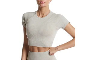 Cross-border Threaded Yoga Clothing Women's Sports Top Summer Tight Quick-drying Spandex/Nylon Solid Clothes Running Fitness