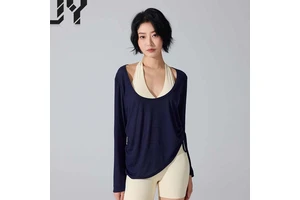 Cross-border Long-Sleeve Cover-Up T-Shirt with Hip-Covering Pleats and Drawstring Loose-Fit Casual Pilates Fitness Yoga Top
