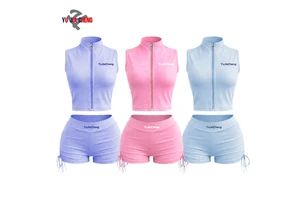 Custom Fitness Activewear 2 Piece Zip Up Sleeveless Yoga Top And High Waist Legging Shorts Set Summer Athletic Workout Outfits