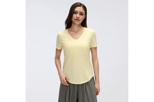 Women Summer V-neck Short Sleeve Loose Shirt Cotton Spandex Yoga Running Sport Tshirt Breathable Quick Dry Solid Shirt