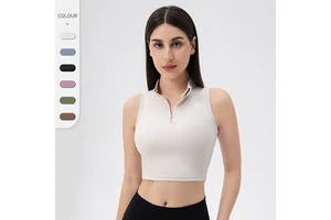 Wholesale Women's Sleeveless Stand-Up Collar Slim-Fitting Yoga Tank Top with Front Zipper and Bra for Running and Fitness