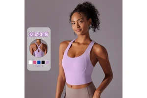 Sexy Cross-Back Naked Sports Bra Breathable Spandex/Nylon Fitness Vest for Yoga Running Training Medium Support Shockproof