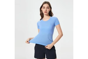 Womens Short Sleeve Workout Top Nylon Cool Fabric Four Way Stretch Moisture Wicking Breathable Quick Dry Seamless Mesh Jacquard