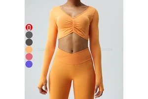 New Long Sleeve Yoga Top Mujer Front Pleated Design Winter Gym Wear Ladies Sport Running Compression Shirts Workout Top