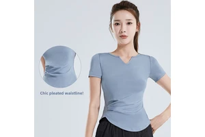 Women's Pleated Short-Sleeved Sports Top Quick-Drying V-Neck Fitness T-Shirt for Summer Running Yoga Solid Nude XL Size Knitted