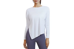 Women's Long Sleeve Athletic Workout Top Quick Dry Spandex/Nylon Solid Crew Neck 180GSM Gym Yoga Wear One Piece Loose Fit Shirt