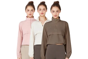 Yc261 Standing Collar Half-zip Sports Fashion Windbreaker Women Loose Fit Slimming Yoga Top Running Fitness Long Sleeve