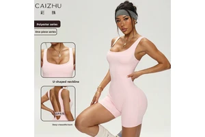Women's European American Summer Bodysuit Sports Fitness Top Seamless Elastic Sexy One-Piece Shorts Yoga Wear Sleeveless Pull-On