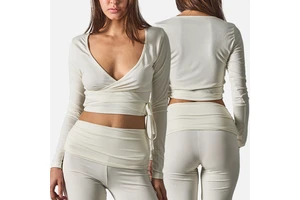 SY5818 Modal Strap Long Smock with Crossed Deep V-neck Knitted T-shirt Style Casual Yoga-friendly Sports Top