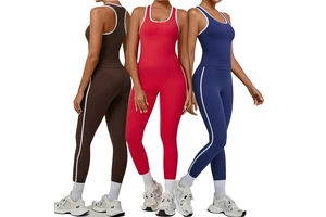 Ladies Workout Exercise Active Wear Shockproof Padded Tank Top High Waist Pants Fitness Yoga Wear with Side Stripes