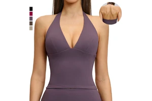Women's Deep V-Neck Halter Backless Yoga Tank Top Removable Pads Breathable Lightweight Four-Way Stretch Quick Dry Slim Fit