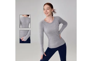 Top Selling High Stretch Seamless Yoga Top for Women Round-Neck Slim Long Sleeve Thumb Hole Yoga Top for Gym Fitness Athletic