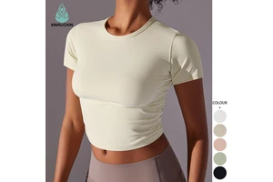Custom logo Round Neck Tight Sports Breathable High Elastic Short Sleeve T-shirt Running Fitness Yoga Wear Top for Woman