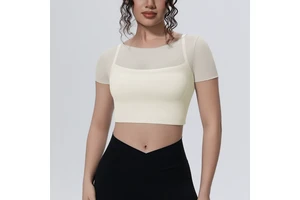 New Style Patchwork Mesh Double-layer Breathable Four-way Stretch Quick Dry False Two-piece Short-sleeved Top Suitable Yoga