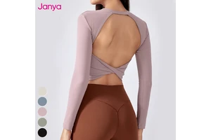 Janya Breathable Long Sleeve Yoga Top Sexy Hollow Workout Fitness Gym Shirt Solid Print Spandex Girls Running Sports Tops Fixed